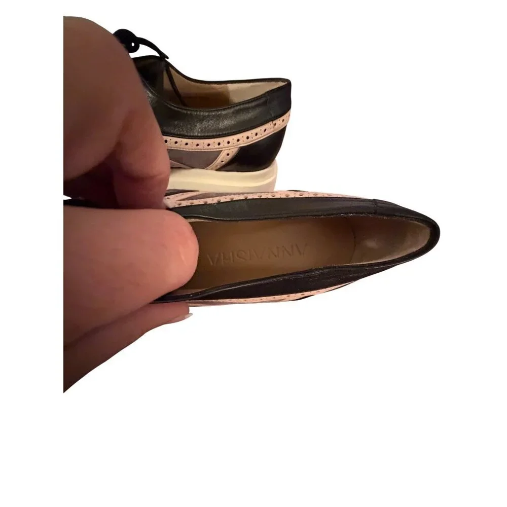 Annaisha Womens Lace-up Shoes Derby Size 38 Black Leather Pointed Toe Spain New